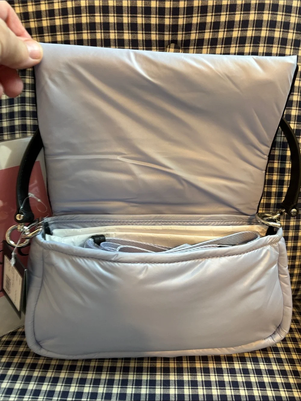 kate spade puffy Lilac Satin Shoulder Bag with Black Handle